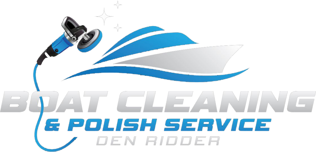 Logo voor bootreiniging en polijstservice met waterscooter en golvende lijnen, tekst Boek "Boat Cleaning & Polish Service" en "Den Ridder"