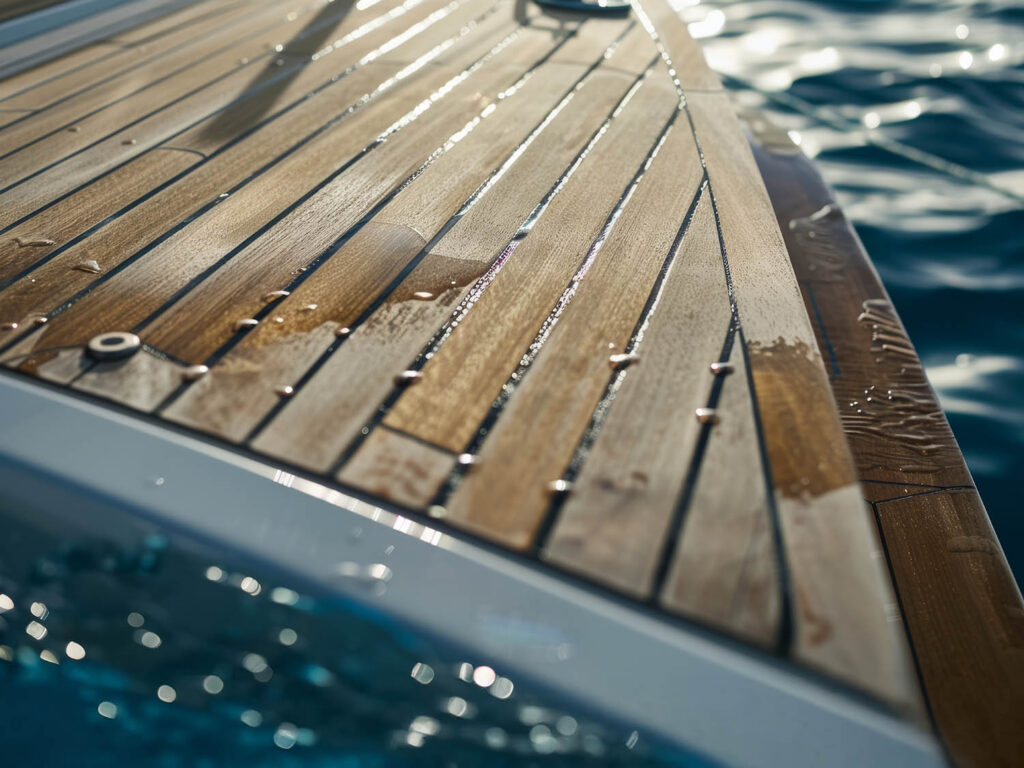 Houten dek langs water met natte rechtlijnige planken en reflecties op het oppervlak.