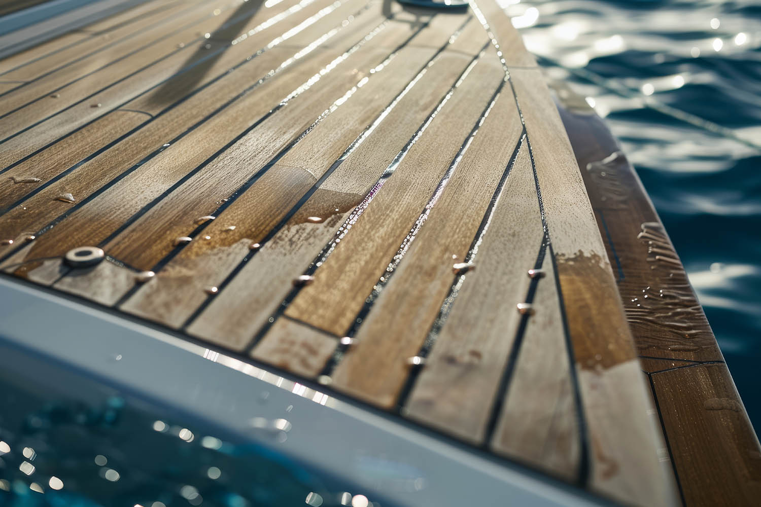 Houten kajak/terrasdek langs water met natte planken en waterreflecties, rechter rand zichtbaar bij waterlijn.